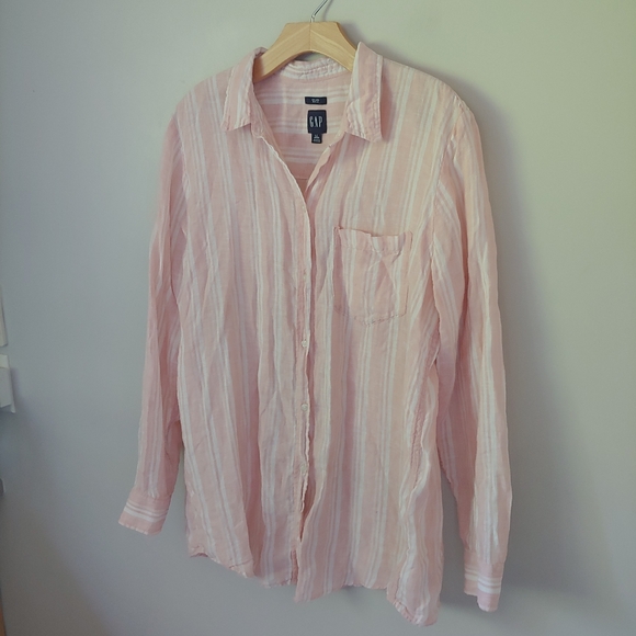 GAP Linen Boyfriend Shirt Pink Stripe Long Sleeve Tall Size Large - Picture 10 of 12